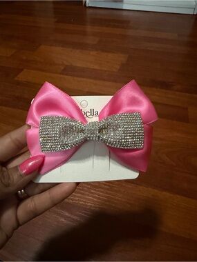 Abella Hot Pink Satin Bow Hair Clip with Rhinestone Accent
